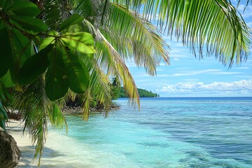 A serene tropical beach scene with turquoise water, palm trees, and soft sand, creating a tranquil island paradise for a relaxing vacation getaway.