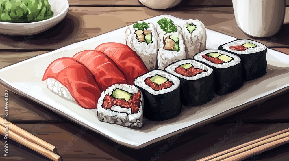 Poster sushi plate featuring spicy tuna and assorted rolls arranged on a wooden table with a simple backgro