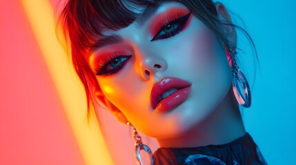 Naklejka premium Captivating High Fashion Beauty Portrait with Bold Neon Aesthetic