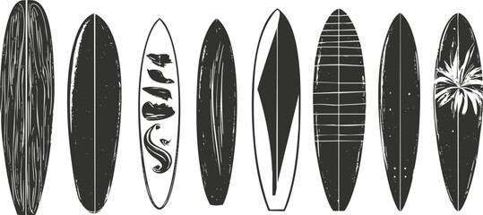 Collection of vintage surfboard silhouettes with unique decorative designs.