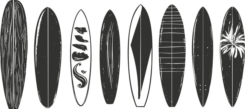 Collection of vintage surfboard silhouettes with unique decorative designs.