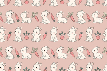 Adorable rabbits and veggies seamless pattern, pastel bunny repeat design for fabric and decor