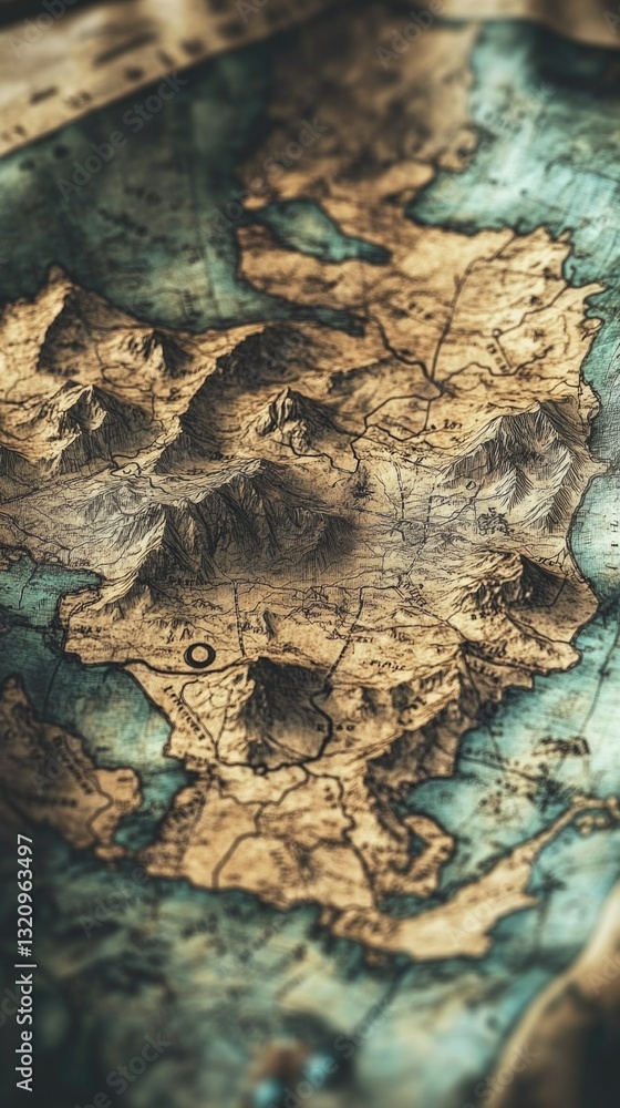 Poster A detailed view of a map on a table with geographical features and markings