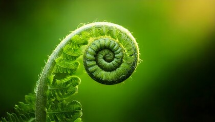 A close-up macro photograph of a young fern leaf in its early stage of growth, displaying intricate curls and lush greenery in soft light