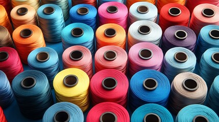 Spools of sewing thread in a colorful diagonal layout on a blue background