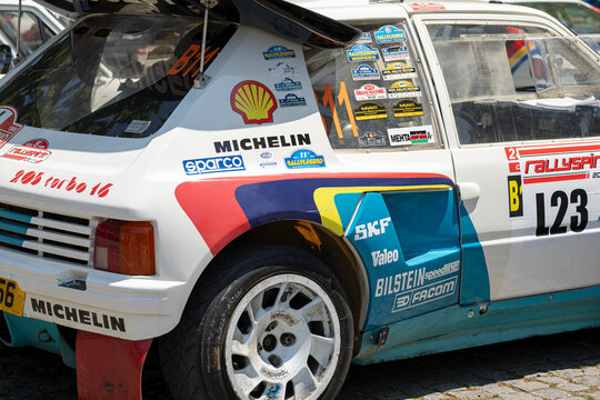 Barcelos, Portugal - 03 June 2023: Close up shot of a Peugeot 205 T16, a legendary rally car from Group B era, displayed at Rallyspirit 2023