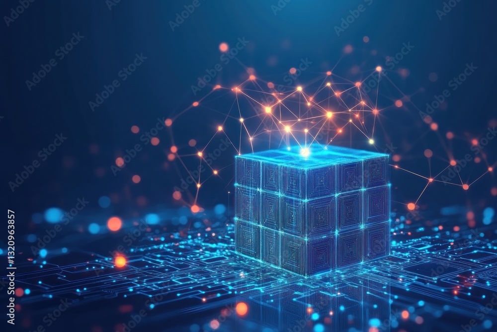 Poster illuminated digital cube surrounded by a network of glowing connections in a futuristic setting