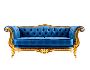 Classic blue sofa isolated on transparent background with clipping path