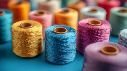 A mix of thread spools in various sizes and colors scattered on blue