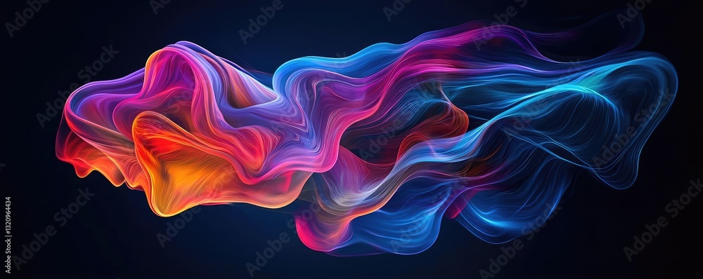 Poster Vibrant color art abstract background concept. Colorful abstract waves of light flowing in dynamic swirls across a dark background.