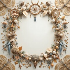 Fototapeta premium Decorative Wreath with Dreamcatchers and Seashells Frame for Creative Invitation