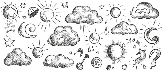 Hand-drawn doodles of clouds, sun, moon, and stars in black and white.