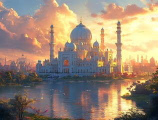 Majestic Taj Mahal at Sunset with Vibrant Clouds Reflecting in the River