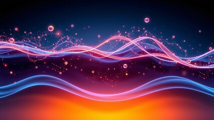 Digital representation of glowing waves with floating particles, creating a mesmerizing abstract background with deep blue and orange hues.