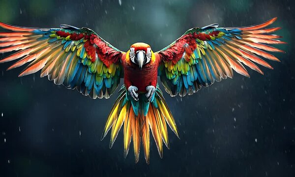 Scarlet Macaw in flight, rainforest, rain, vibrant plumage, nature wildlife photography