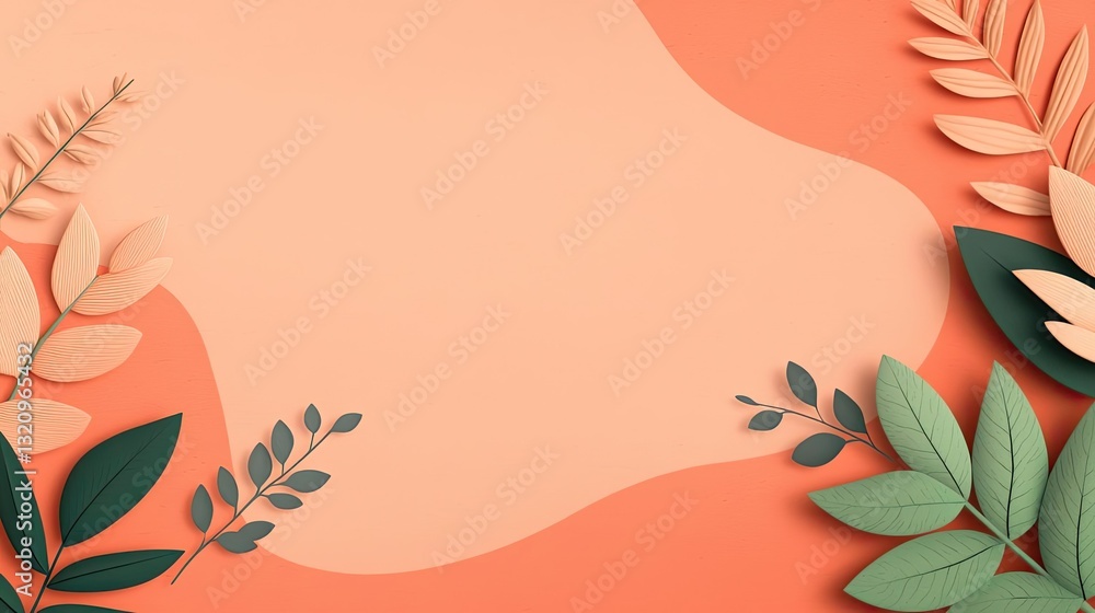 Poster pastel color illustration abstract background idea. elegant paper cut leaves arranged on a soft cora