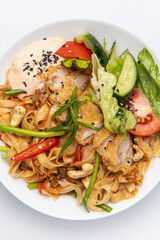 Delicious pasta with meat. Top view