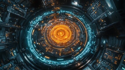 Fototapeta premium Intricate, futuristic, circular, technological, inner core, glowing, complex system, digital art