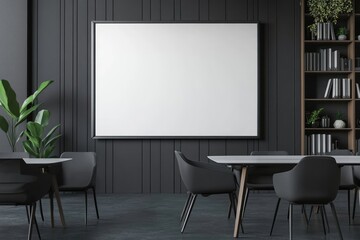 Modern, dark-toned dining area with blank poster