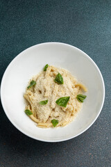 Delicious pasta with meat. Top view