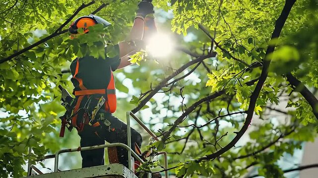 Tree maintenance worker pruning branches in a lush urban environment with buildings in background