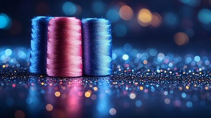 Closeup of glossy sewing threads reflecting light on a vibrant blue background