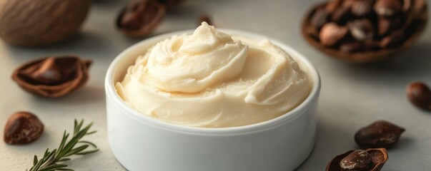 Rich shea butter in jar amidst nuts and rosemary on light background