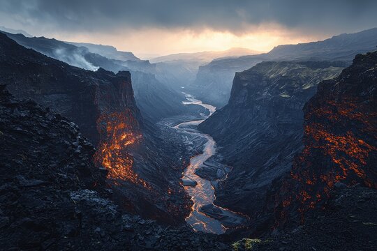 An aerial view of a river flowing through a rocky canyon with volcanic activity and orange lava, creating a dramatic landscape against a cloudy sky at dusk.