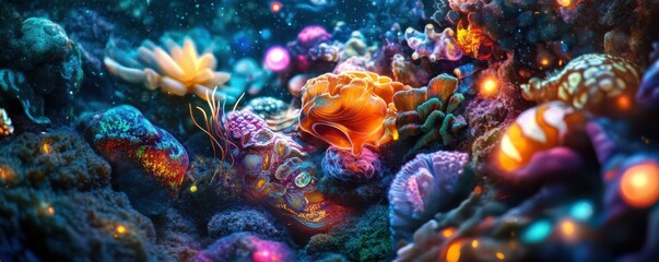 Vibrant underwater coral reef with colorful marine life and glowing bioluminescence