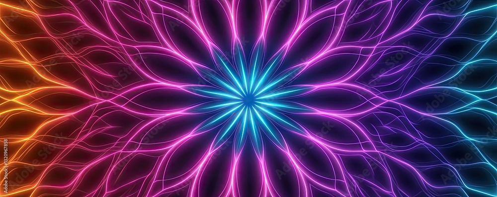 Poster Vibrant color art abstract background concept. Vibrant abstract design featuring intricate neon patterns and colorful symmetry.