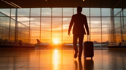 A silhouette of a businessman in a suit walks towards the sunset at an airport, exuding elegance and anticipation for a journey ahead under a beautiful orange sky.