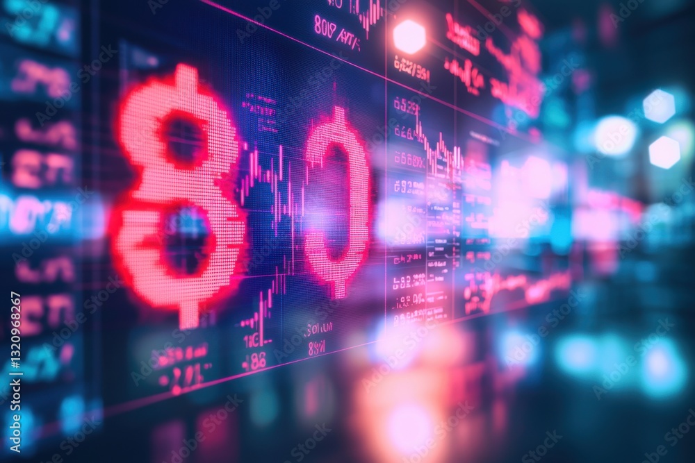 Poster abstract futuristic display of financial data and stock market analysis, featuring dynamic charts an