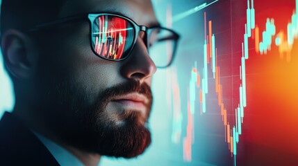 A focused man in glasses gazes intently at digital financial graphs, reflecting a modern, analytical approach to investment and data.