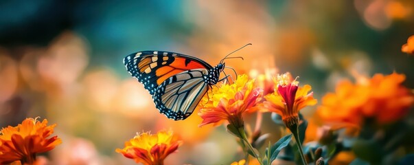 Obraz premium Vibrant butterfly resting on orange flowers in sunlit garden with blurred background
