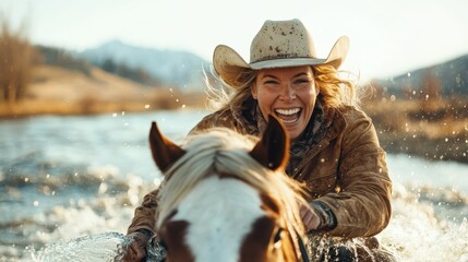 A joyful equestrian woman rides her horse through a river, capturing a moment of laughter and adventure against a picturesque landscape filled with nature's beauty.