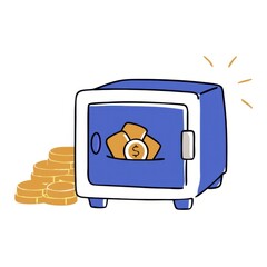 gold investment icon concept. Cartoon safe with gold coins, symbolizing savings and finance.