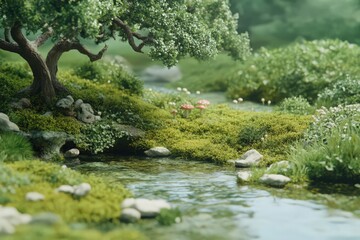Naklejka premium Lush Green Stream Landscape With Mossy Rocks And Flora Under Shaded Tree