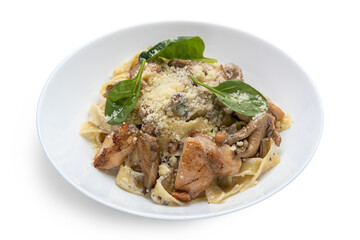 Delicious pasta with meat. Top view