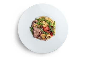 Delicious pasta with meat. Top view