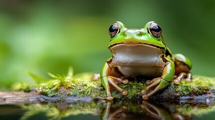 This captivating image showcases a vibrant green frog perched on a mossy log beside tranquil waters, highlighting the beauty of nature and wildlife.
