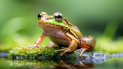 A vibrant green frog sits gracefully on a moss-covered rock, highlighting the beauty of nature and the intricate details of its skin and surroundings in a serene environment.