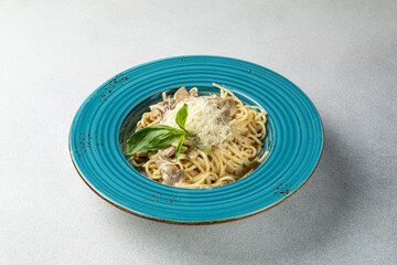 Delicious pasta with meat. Top view