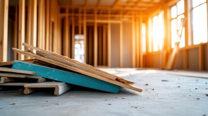 A stack of wooden planks and tools sit in a brightly lit renovation space, emphasizing the ongoing efforts for transformation and the hands-on work essential in construction projects.