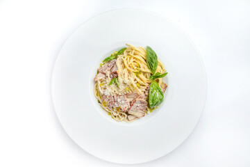 Delicious pasta with meat. Top view