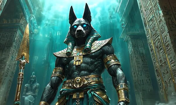 Anubis, Egyptian god, stands in ancient temple, mystical fog background; fantasy art