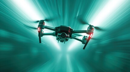 A high-speed drone captured in motion, with a blurred background of vibrant lights, illustrating the intersection of technology and creativity within modern aviation.
