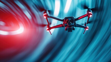 This dynamic image captures an advanced drone caught in a brilliant swirl of color, emphasizing movement and technology against a sleek, stylish background.