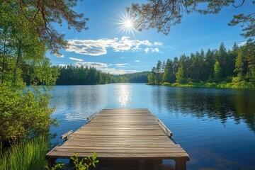 Serene lakefront wooden dock on a sunny day. Lush greenery surrounds the tranquil water