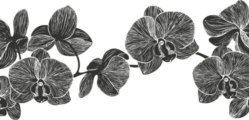 Black and white orchid flower pattern illustration on a white background.