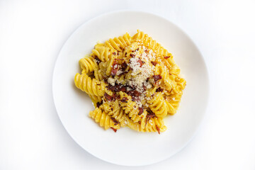 Delicious pasta with meat. Top view